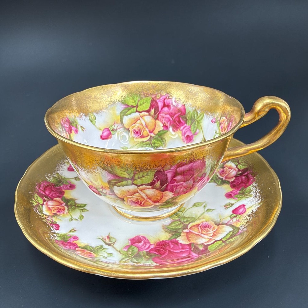 Royal Chelsea Golden Rose Teacup Saucer Set 3983 A English Bone China Gold Trim
